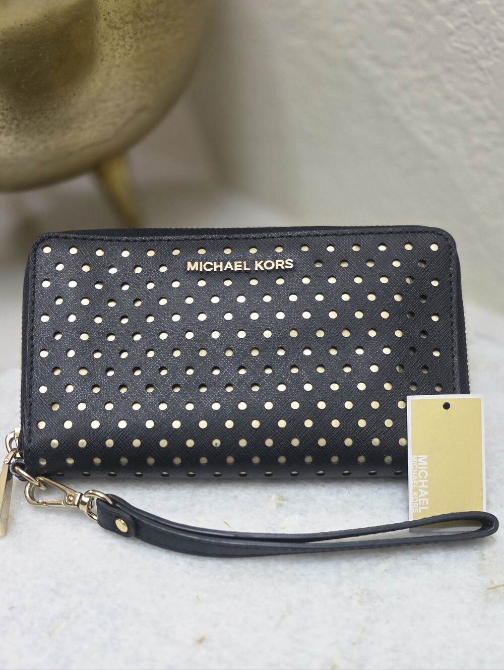 Michael Kors Jet Set Perforated Continental Wristlet Wallet Black Gold
